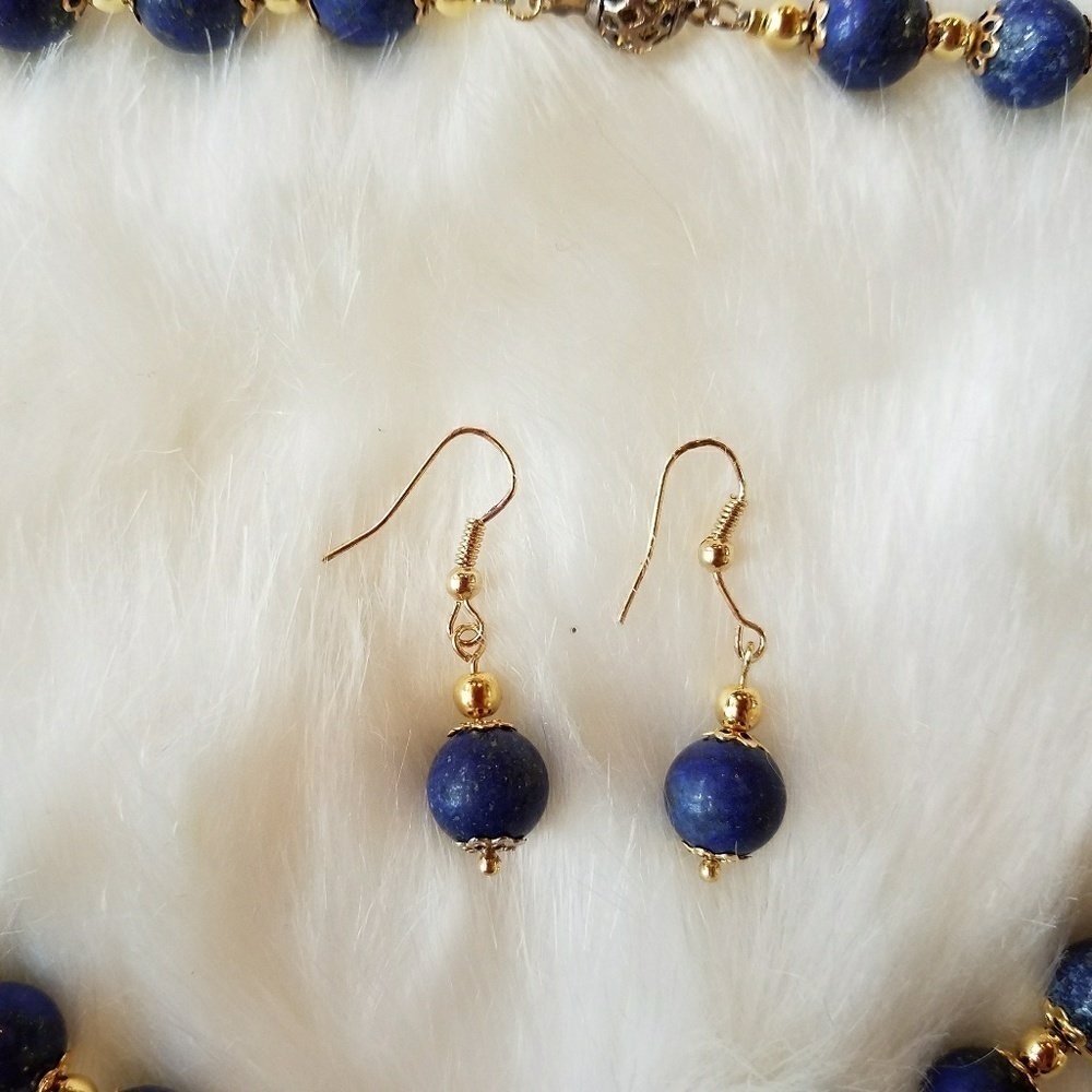 LAPIS & Golden Beaded Necklace & Earrings - Picture 4 of 7